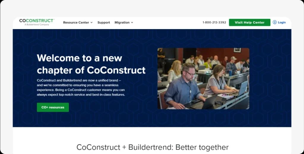 CoConstruct homepage highlighting project management software for builders and remodelers