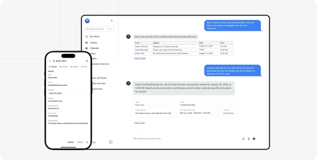 Field service management software interface showing client profile on mobile and job chat on desktop