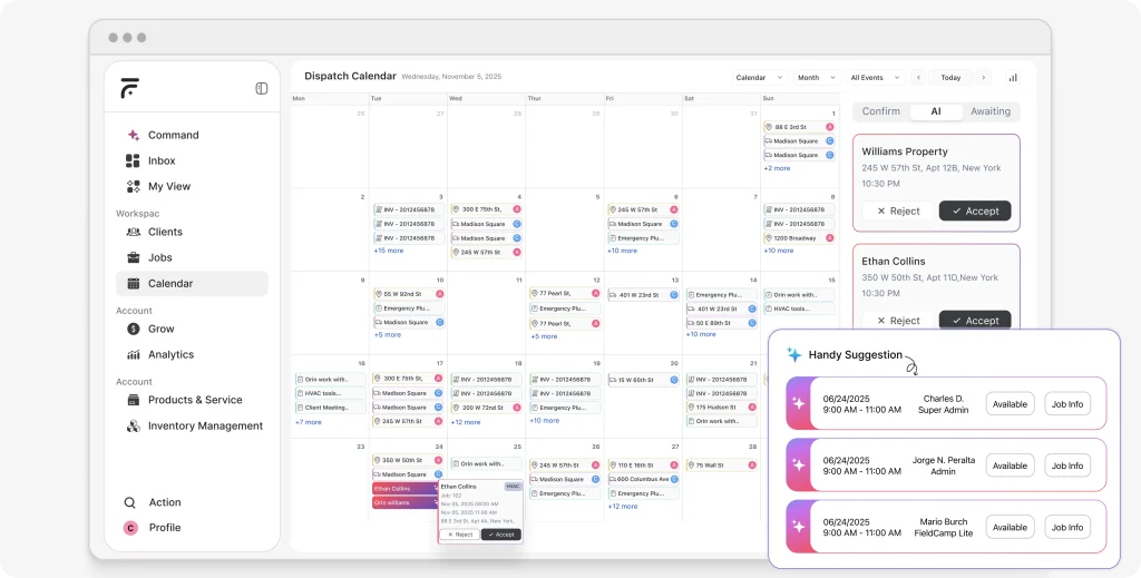 Visuals of FieldCamp AI manageing field service automation software 