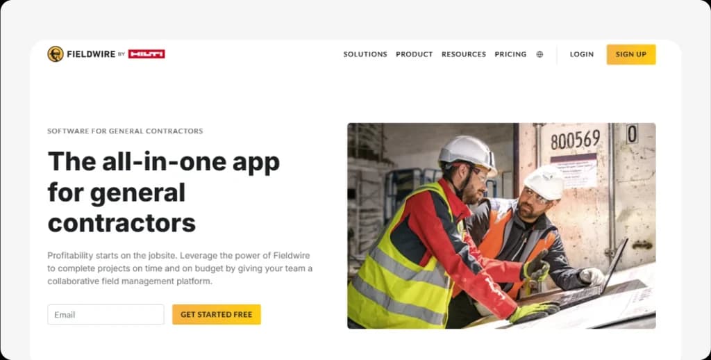 Fieldwire platform web page promoting project scheduling, task tracking, and collaboration tools