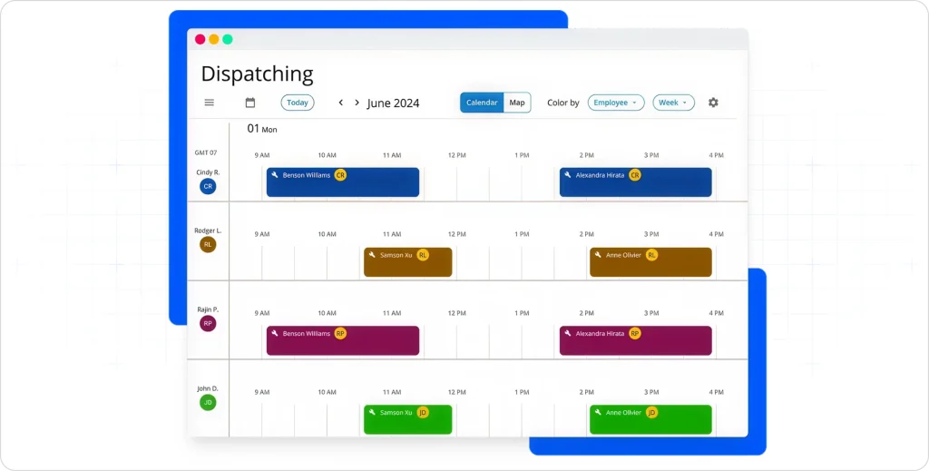 Housecall Pro dispatching screen showing daily technician assignments and job timelines