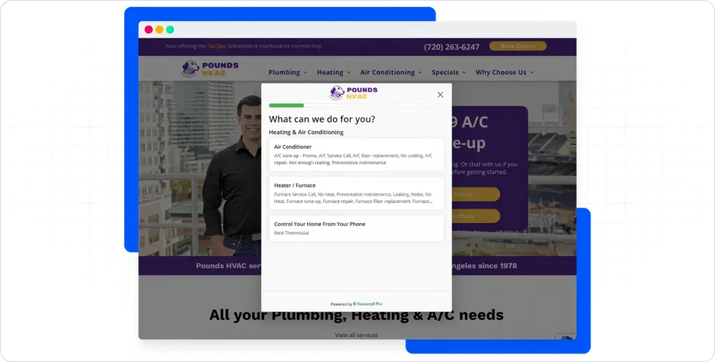 Housecall Pro website booking widget allowing customers to request HVAC, plumbing, and AC services online