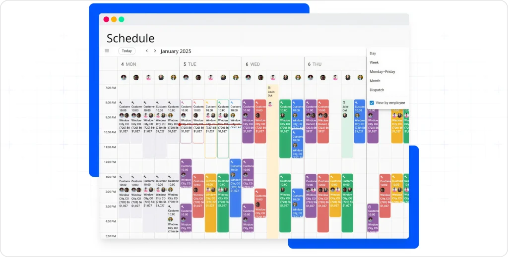 Housecall Pro scheduling calendar displaying technician jobs, time slots, and color-coded appointments