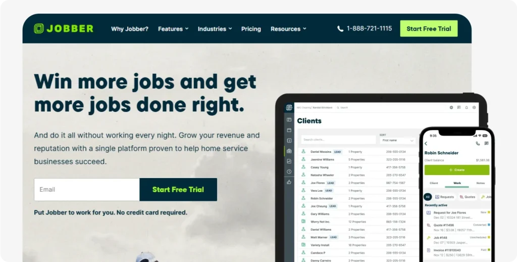 Jobber homepage with slogan "Win more jobs" and dashboard preview on laptop and mobile showcasing client and job details.