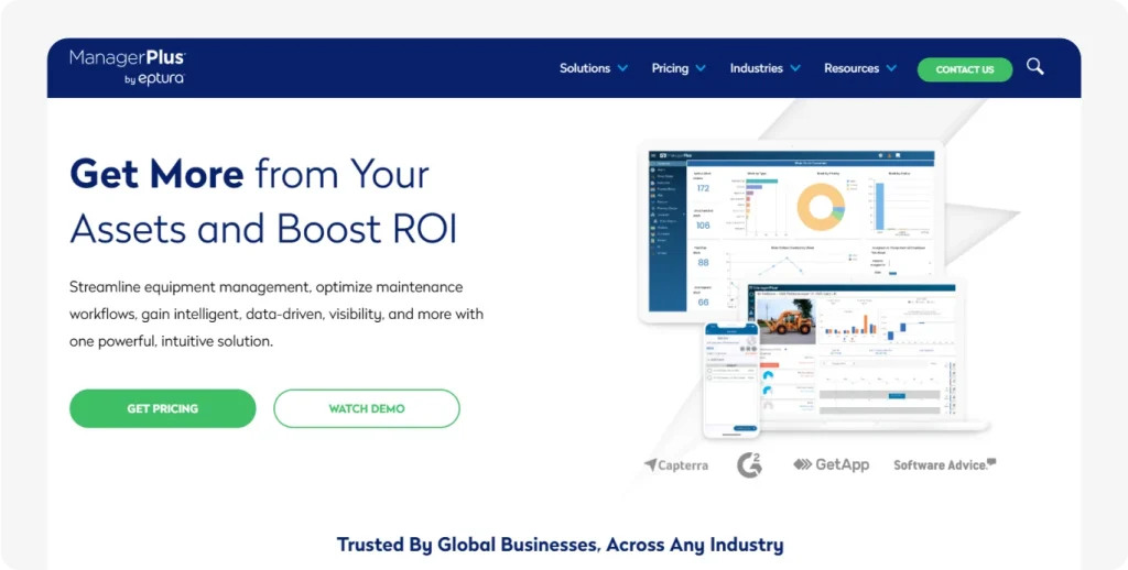 ManagerPlus homepage showing asset management dashboards with charts, ROI insights, and call-to-action buttons for pricing and demo.
