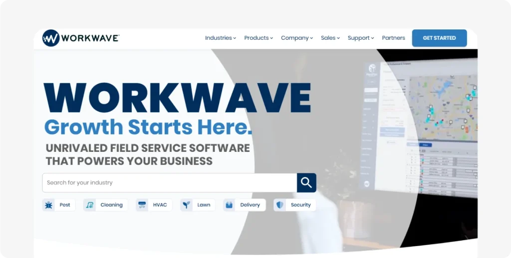 WorkWave software landing page promoting field service growth with route optimization and job scheduling features
