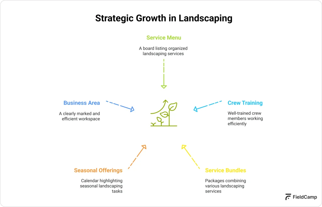 Diagram showing strategic growth in landscaping with service menu, crew training, seasonal offerings, service bundles, and business area