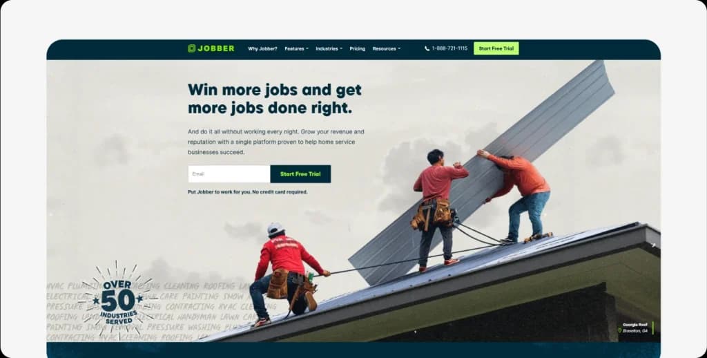 Jobber platform web page promoting scheduling, invoicing, and client management tools for contractors