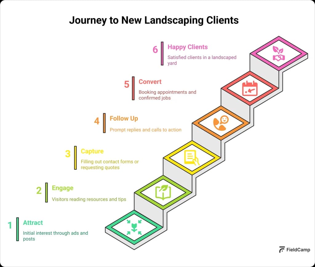 Journey to new landscaping clients from attracting leads to conversions and satisfied long-term clients