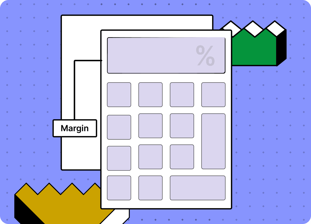 Profit margin calculator illustration with margin label and calculator icon on blue background