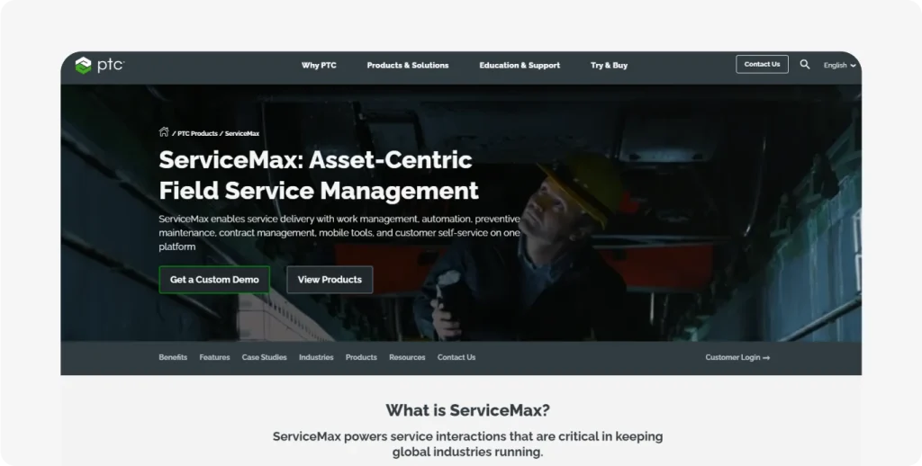 ServiceMax software landing page highlighting asset-focused field service solutions