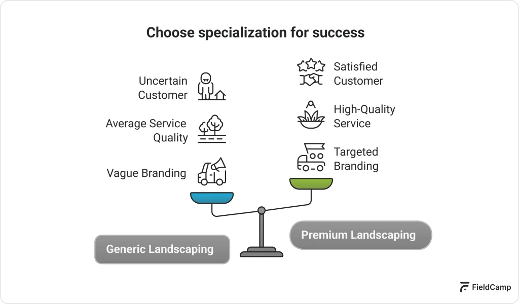 Comparison of generic landscaping with vague branding versus premium landscaping with targeted branding and quality service