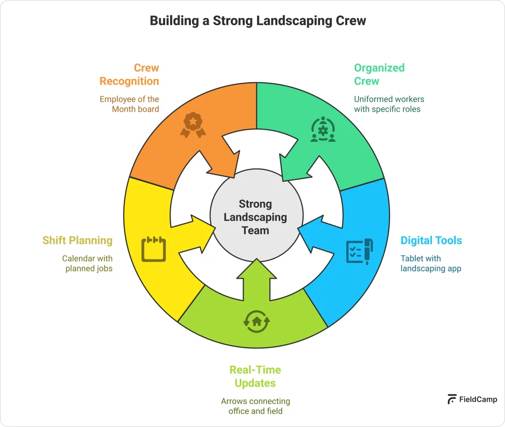 Illustration showing landscaping team building with shift planning, digital tools, real time updates and crew recognition