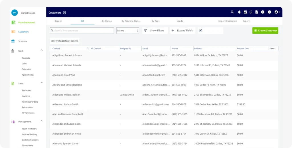 FieldPulse software dashboard with customer records, contact details, job management, and advanced filters