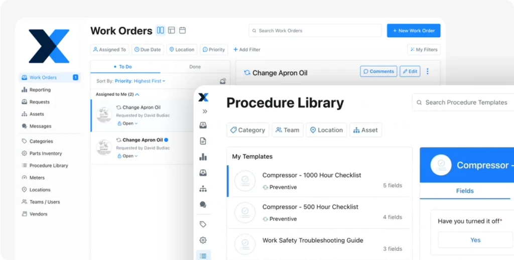 MaintainX dashboard showing work orders and procedure library with templates for compressor maintenance and safety checklists.