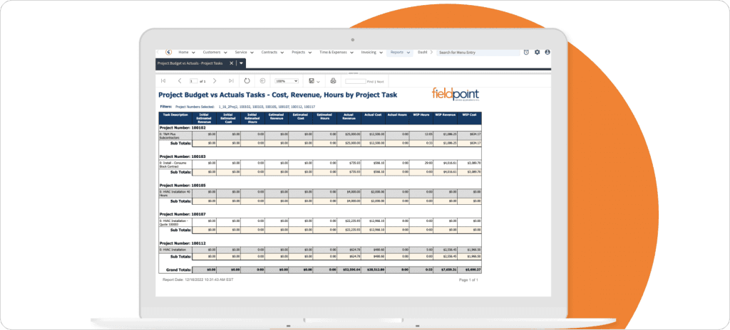 FieldPoint project budget vs actuals report showing cost, revenue, and hours breakdown by project task across multiple commercial field service jobs — desktop interface