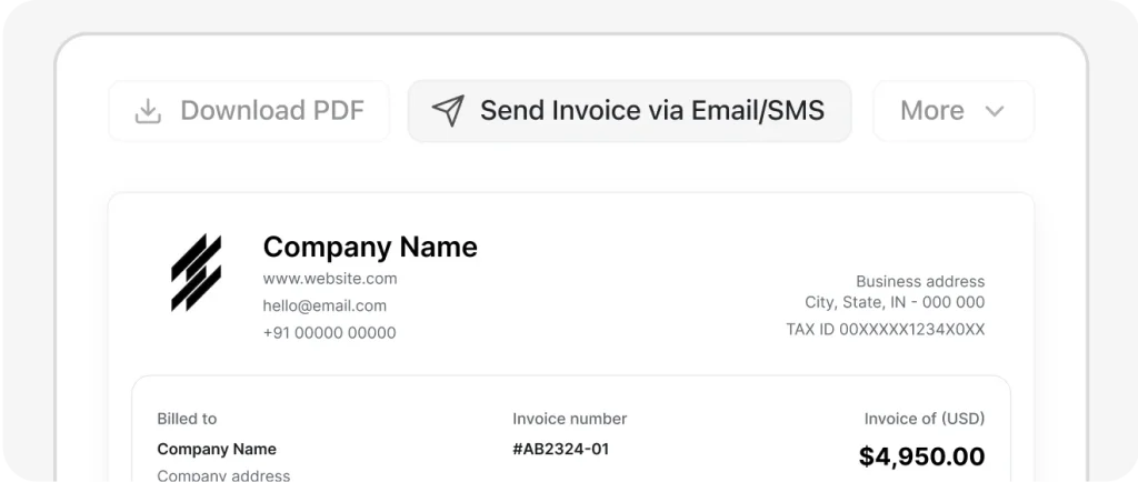 Field service invoice creation with PDF download, email/SMS sending, attachments, and digital sign-off