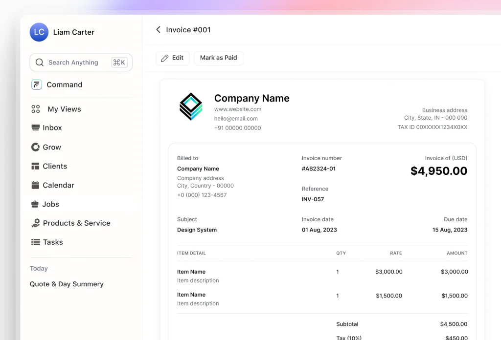 Free invoice template dashboard in FieldCamp showing company details, client info, itemized list, and total invoice amount.