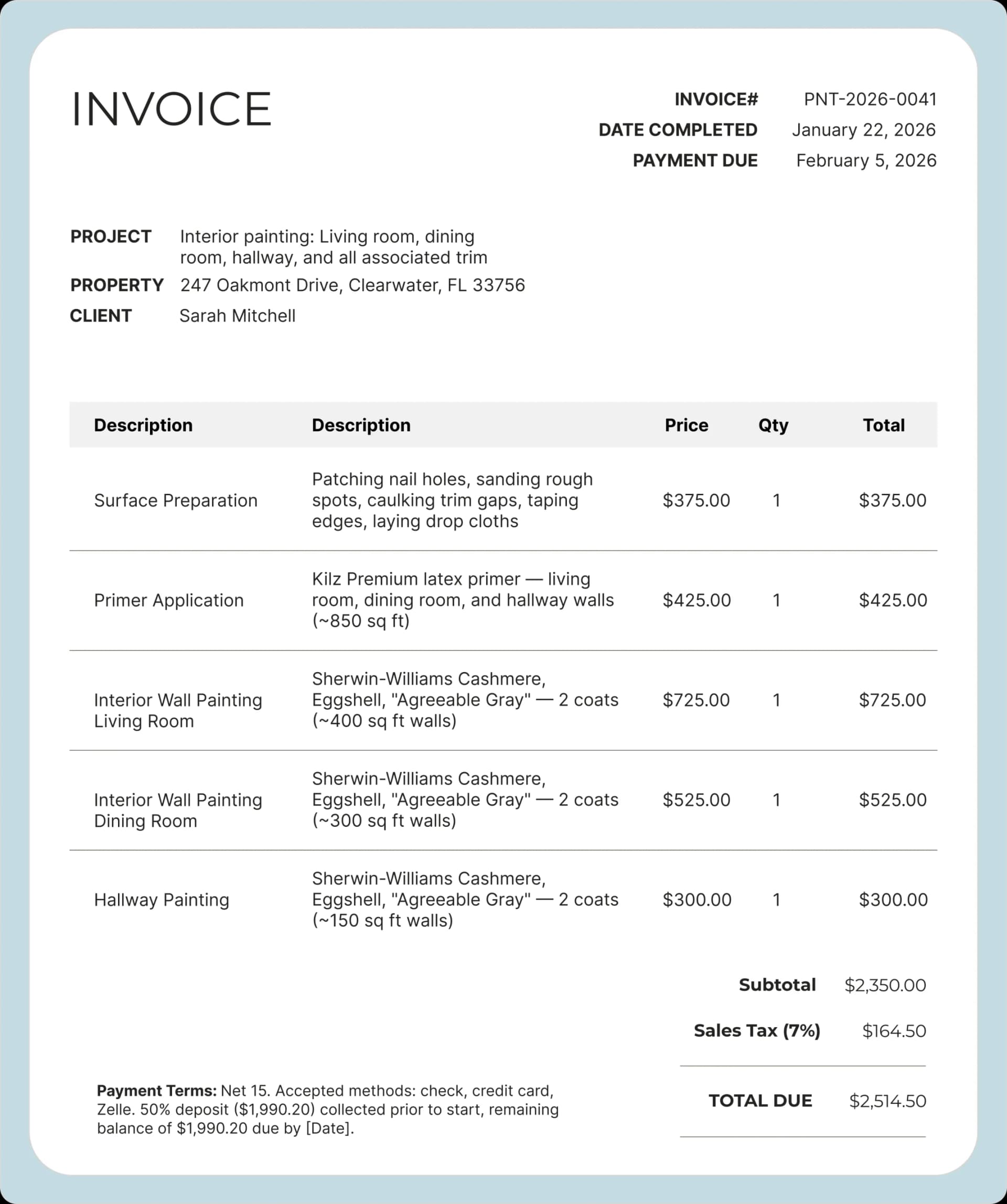 Interior painting invoice showing detailed line items for surface preparation, primer application, and room-by-room wall painting, with pricing, sales tax, and total amount due.
