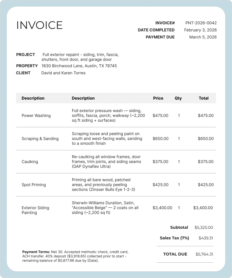 Exterior house painting invoice detailing power washing, scraping and sanding, caulking, spot priming, and full siding repaint, including quantities, costs, and final total.
