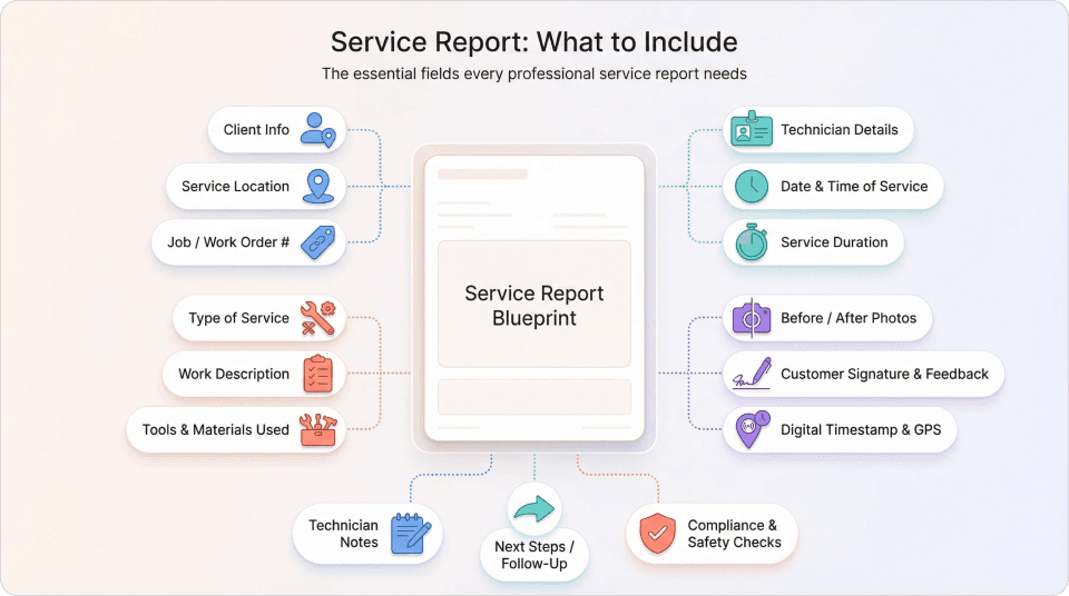 Infographic titled “Service Report: What to Include” showing a central service report blueprint surrounded by essential fields such as client info, service location, job/work order number, type of service, work description, tools and materials used, technician details, date and time of service, service duration, before-and-after photos, customer signature and feedback, digital timestamp and GPS, technician notes, next steps or follow-up, and compliance and safety checks.