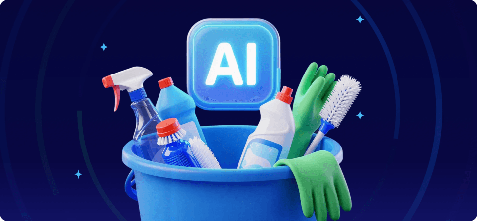 3D illustration of a blue cleaning bucket filled with cleaning supplies including spray bottles, brushes, rubber gloves, and detergent bottles, with a glowing AI icon floating above against a dark blue tech-inspired background with concentric circles and stars