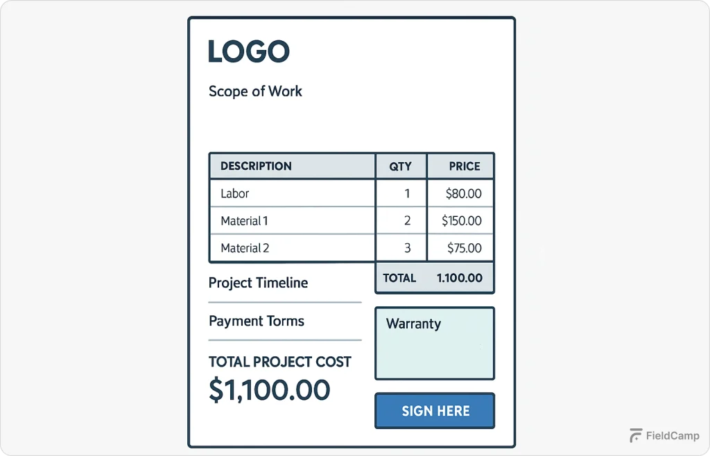 Professional estimate template showing scope of work, itemized costs, total project cost, warranty, and sign section