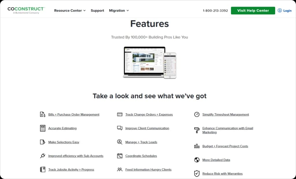CoConstruct features page showing a list of construction management tools like estimating, timesheets, lead tracking, and jobsite updates.