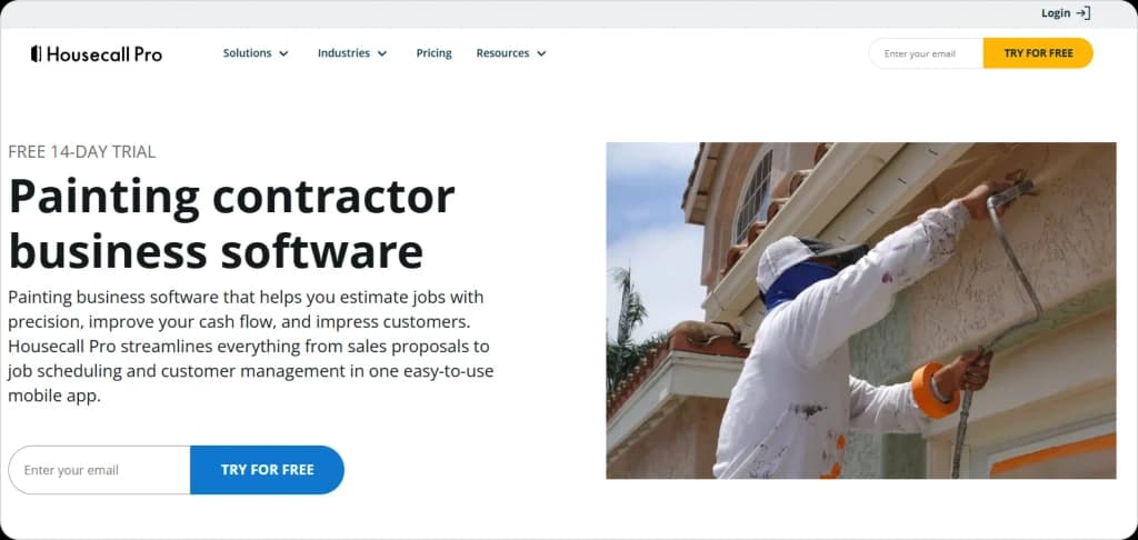 Housecall Pro homepage promoting painting contractor business software with free trial and image of painter working on exterior wall.