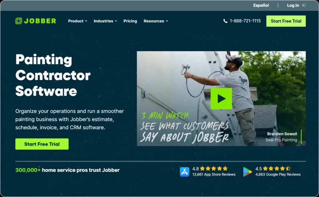 Jobber website homepage showcasing painting contractor software with a free trial banner and painter using spray gun on wall.