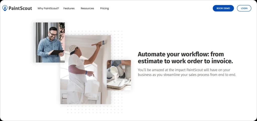 PaintScout homepage showing painters and tablet user with headline promoting automated workflow from estimates to invoices.