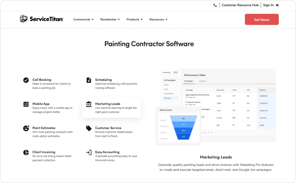 ServiceTitan painting contractor software dashboard showing feature list with icons and performance funnel for marketing leads.