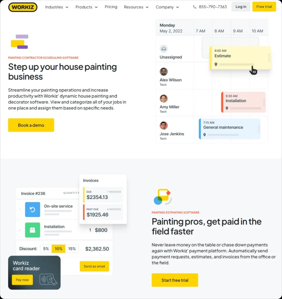 Workiz homepage for painting contractors showing job scheduler, invoice preview, and field payment tools to boost business efficiency.