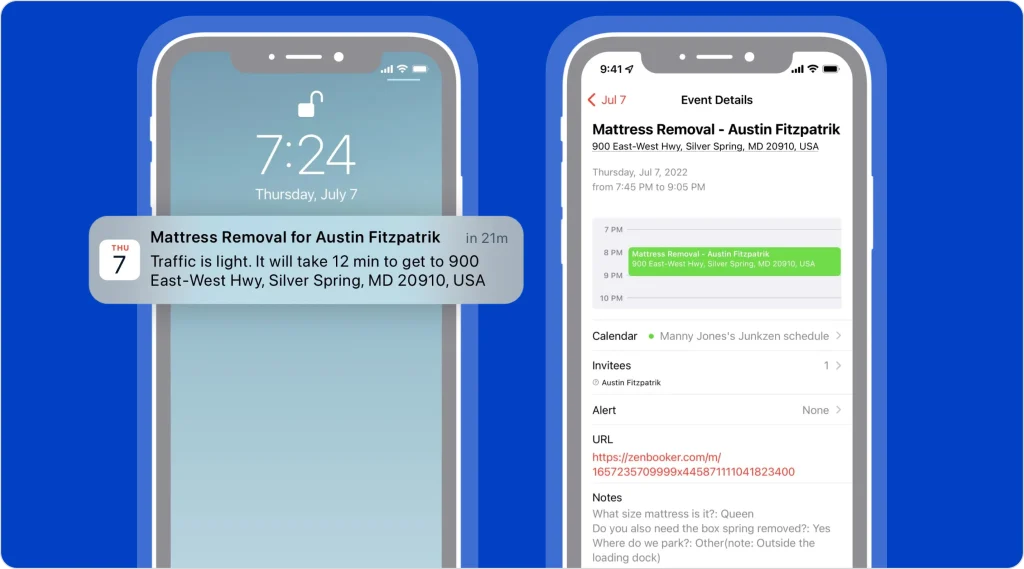 Example of Zenbooker sending job reminders and syncing events to a phone calendar.