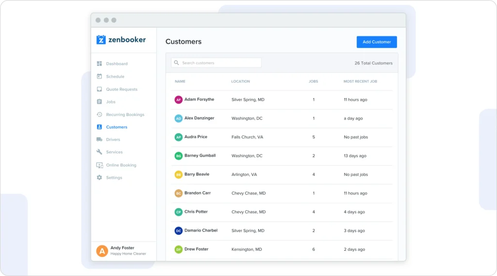 Zenbooker CRM dashboard for managing customer information and booking history.