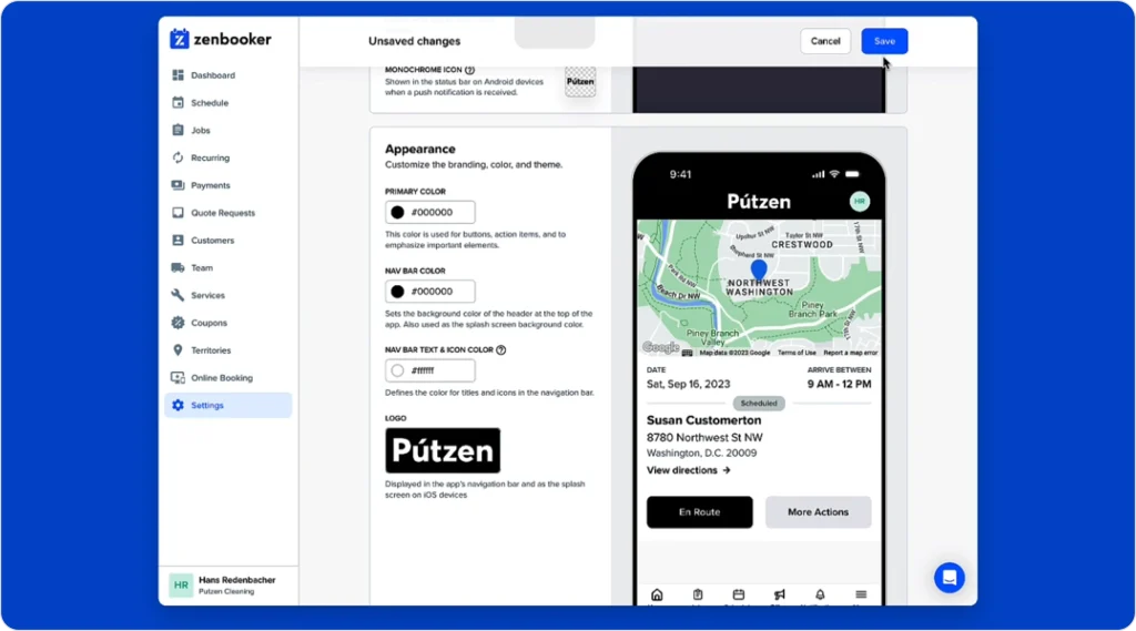 Zenbooker interface with mobile preview showing technician arrival details and map view.