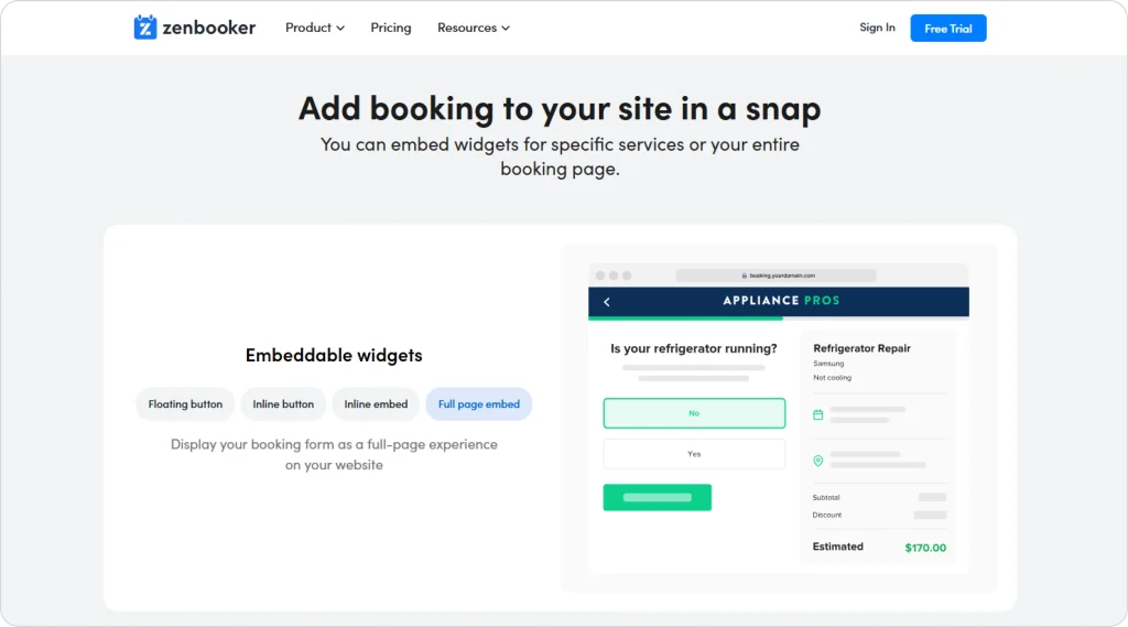 Zenbooker drag-and-drop style booking widget embed screen showing inline and full-page embed options.