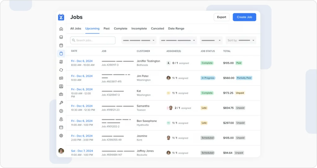 Zenbooker job overview page featuring job dates, technicians assigned, status labels, and payment summaries.
