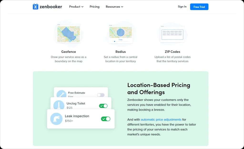 Zenbooker service area tools with geofence boundaries, radius mapping, ZIP code lists, and pricing adjustments.