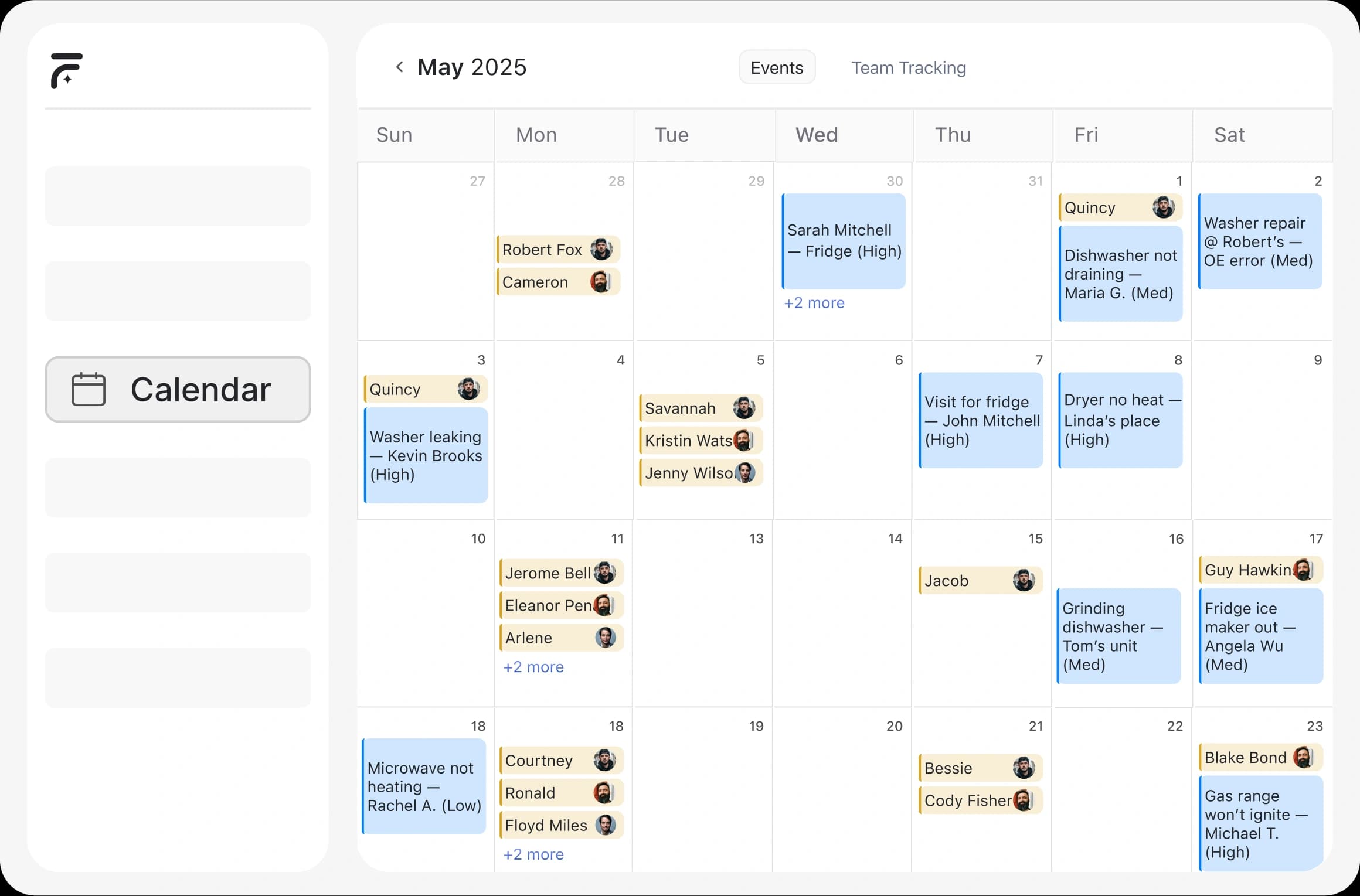 FieldCamp calendar view showing technician job scheduling with events, client details, and appliance repair tasks