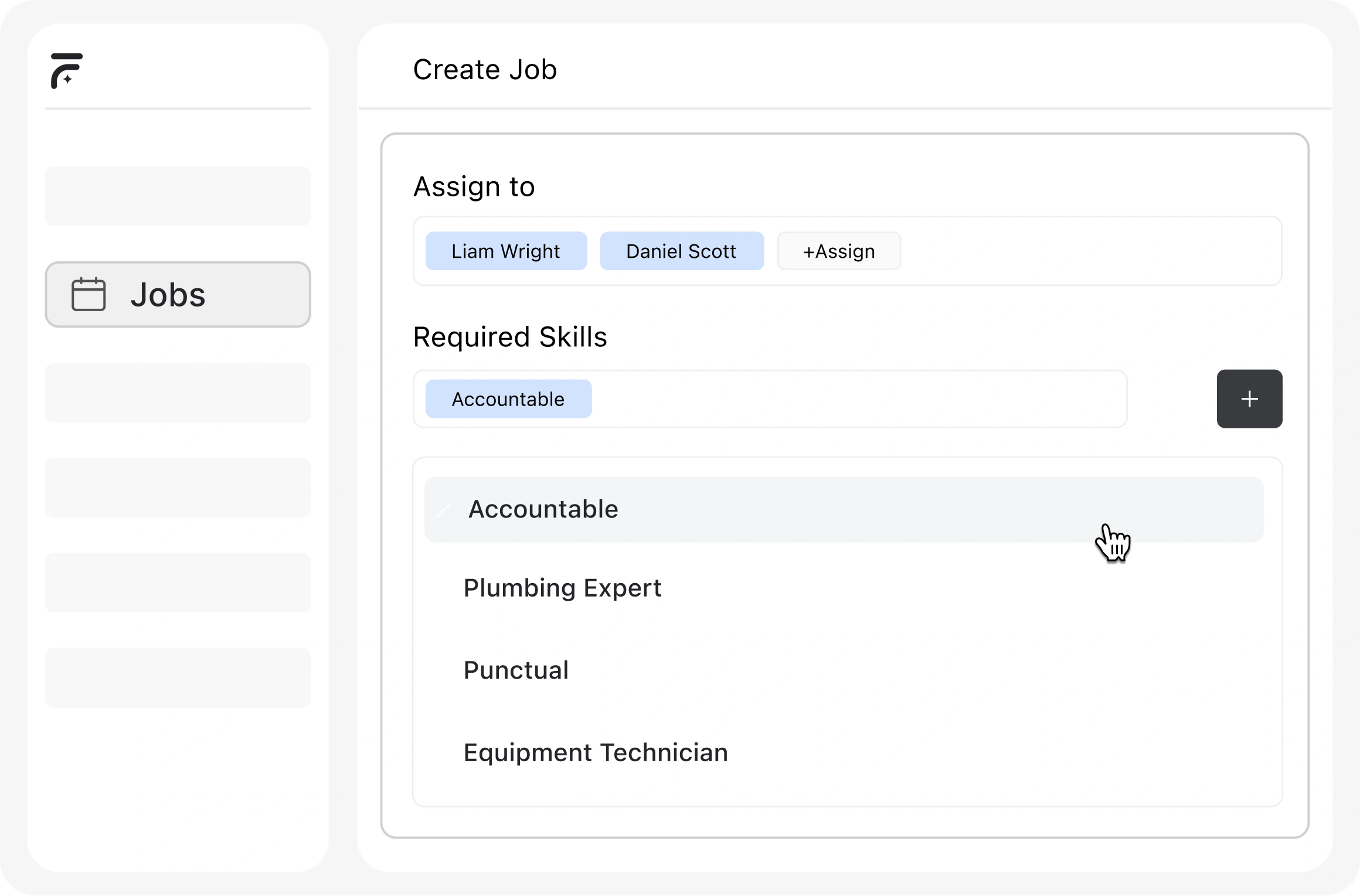 fieldcamp job creation screen showing technician assignment and required skills selection for service tasks