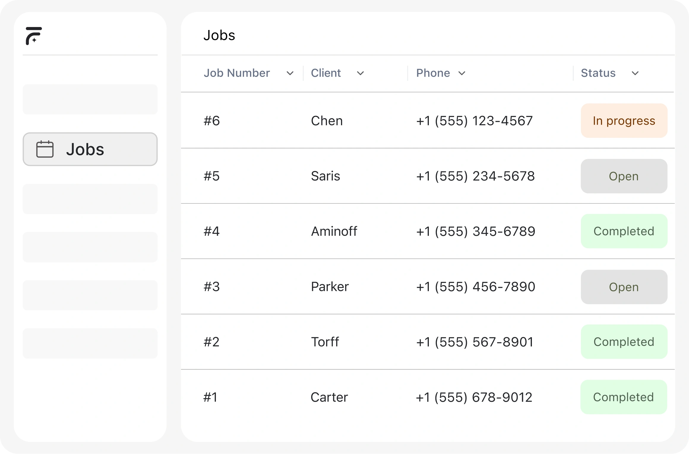 FieldCamp jobs dashboard showing job number, client details, phone, and status tracking for appliance repair