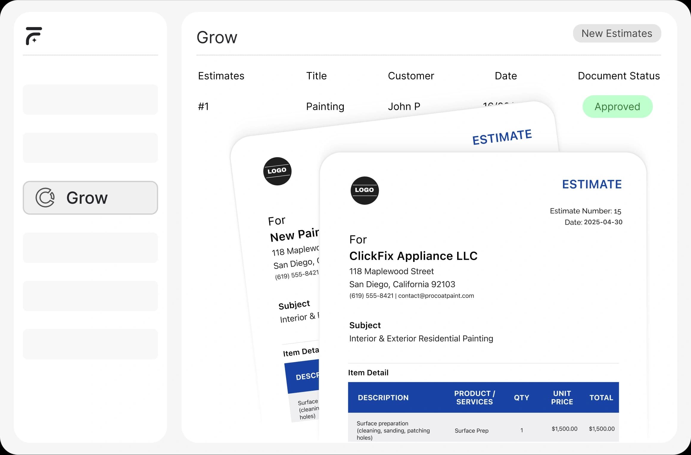 FieldCamp estimate management screen showing approved appliance repair estimates with customer and job details