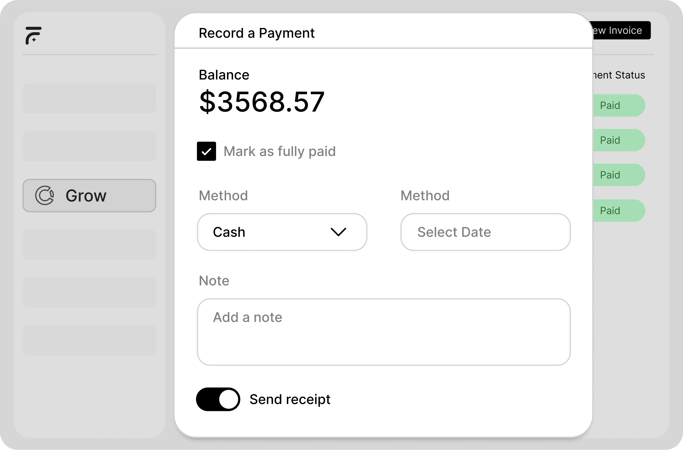 Payment recording screen in electrician service software showing balance, payment method, date, and receipt option.