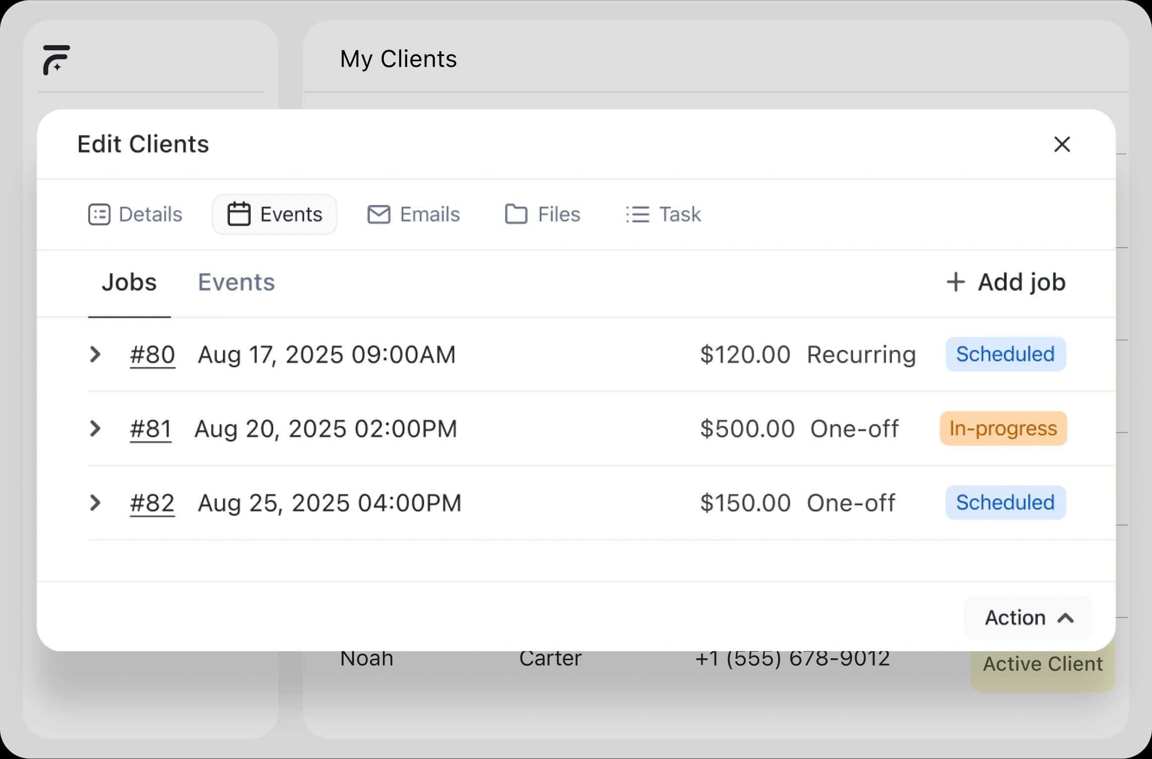 Client relationship management screen in electrician service software showing job events, dates, amounts, and status tracking.