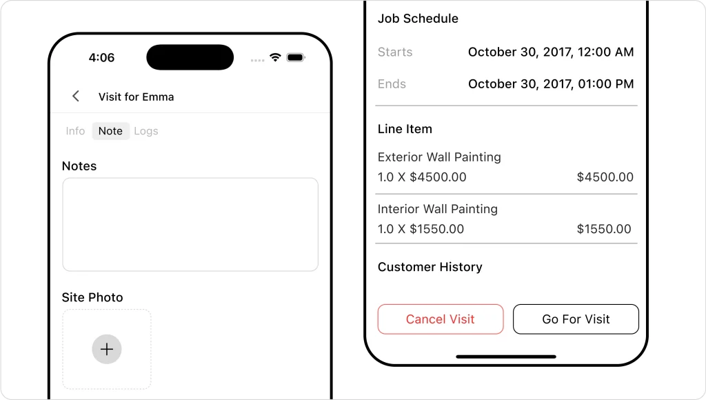 Mobile app interface showing FieldCamp job visit details, notes section, site photo upload, schedule, line items, and visit actions.