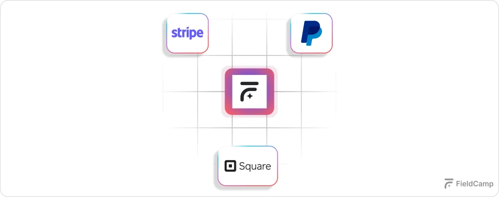 FieldCamp payment integration with Stripe, PayPal, and Square for secure online transactions
