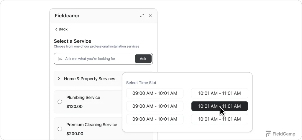 Technician scheduling board showing job assignments, dispatch calendar, and team availability