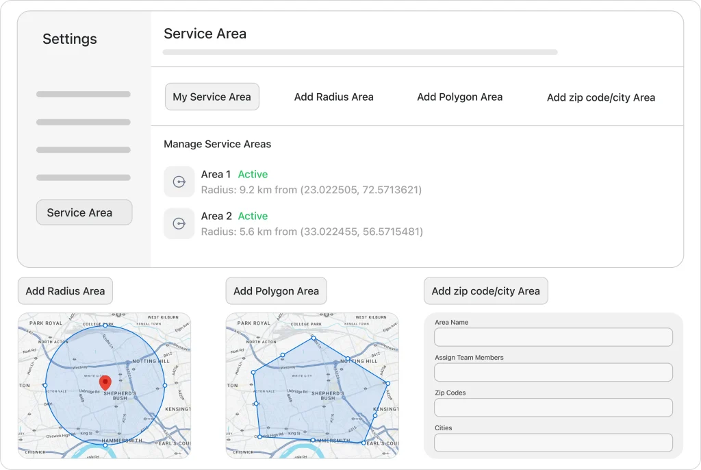FieldCamp service area validation settings with radius, polygon, and zip code area management options