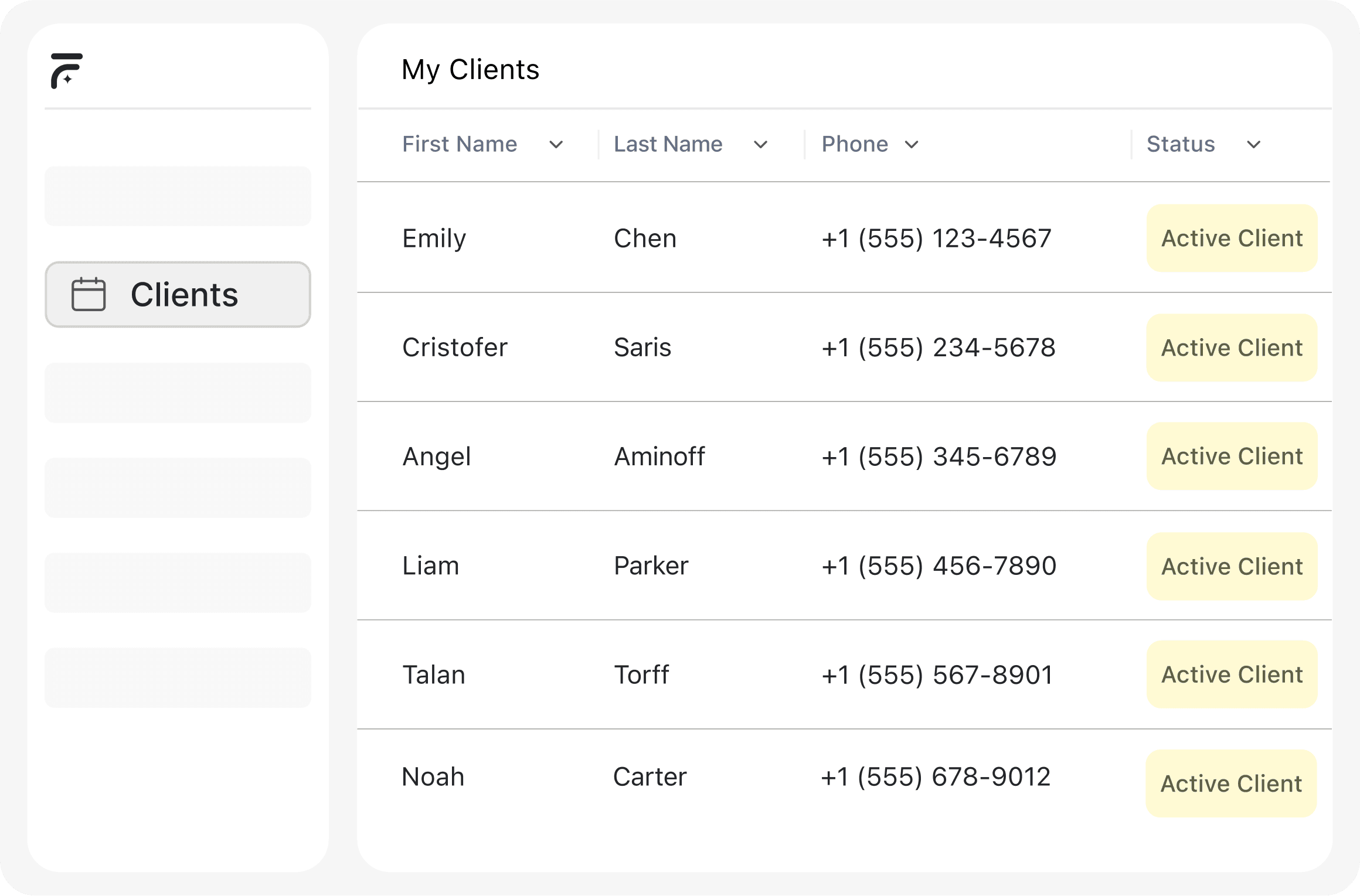 Client management dashboard showing a sortable table of active clients with names, phone numbers, and status in a window cleaning app.
